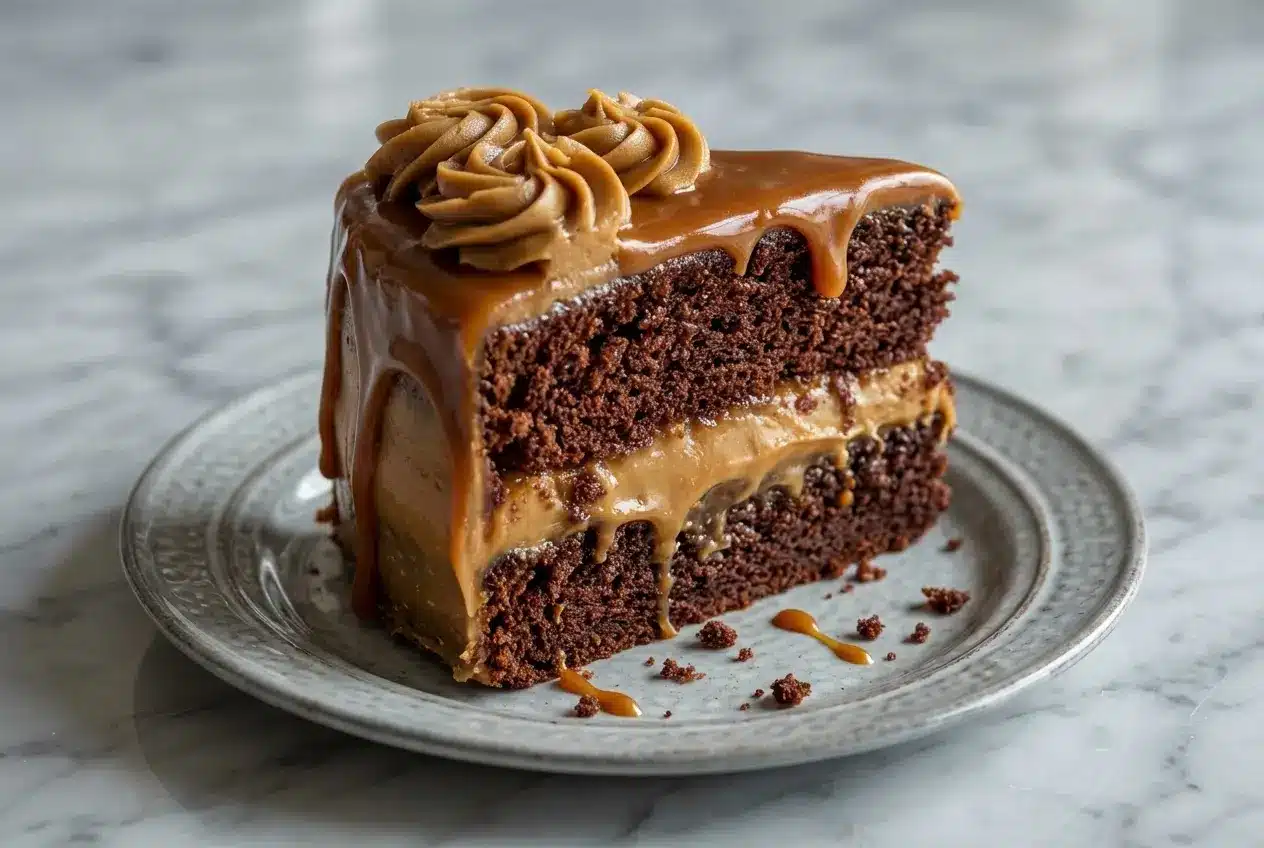 Gooey coffee caramel cake topped with a salted espresso toffee crunch on a dessert plate.