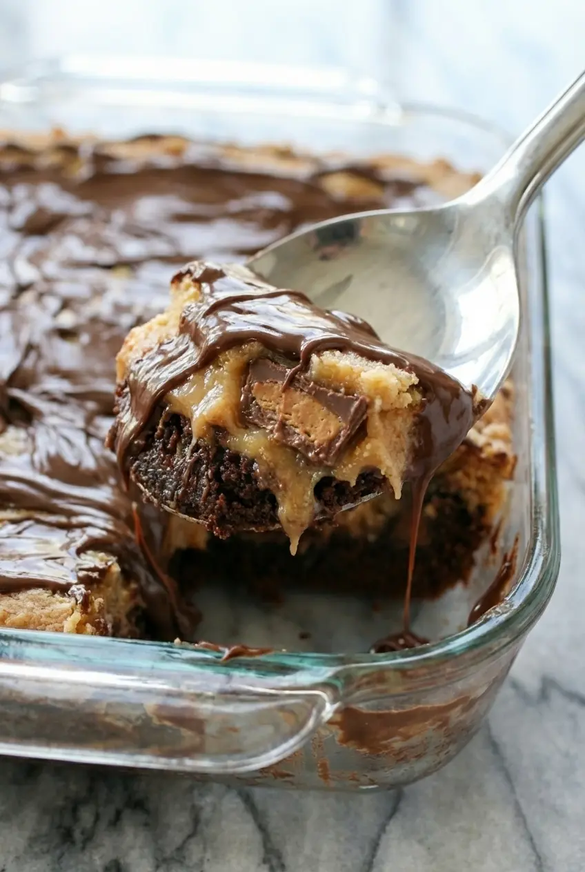A close-up view of the dense crumb and gooey center of a Chocolate Peanut Butter Ooey Gooey Butter Cake slice.