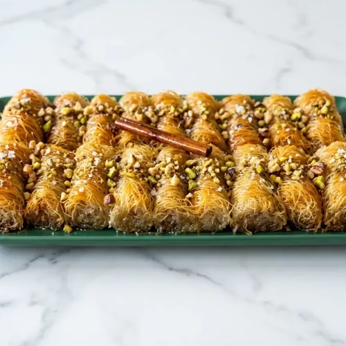 Golden Greek Kataifi Rolls Recipe filled with browned butter toasted nuts and soaked in an orange blossom infused syrup.
