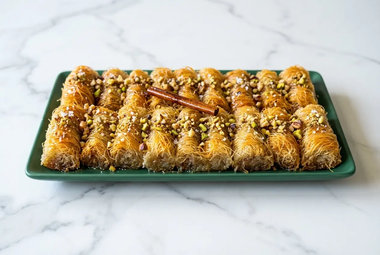 Golden Greek Kataifi Rolls Recipe filled with browned butter toasted nuts and soaked in an orange blossom infused syrup.