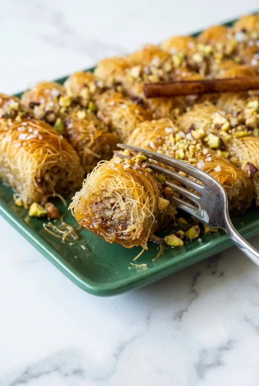 Close-up of baked shredded phyllo dough showing the flaky, golden texture of this Greek Kataifi Rolls Recipe.