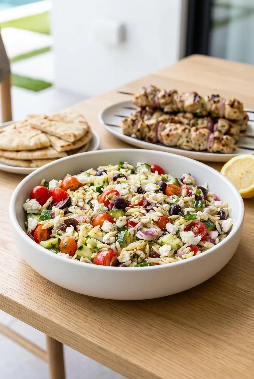 A large serving bowl of the greek orzo salad recipe on a bright picnic table beside plates and serving spoons.