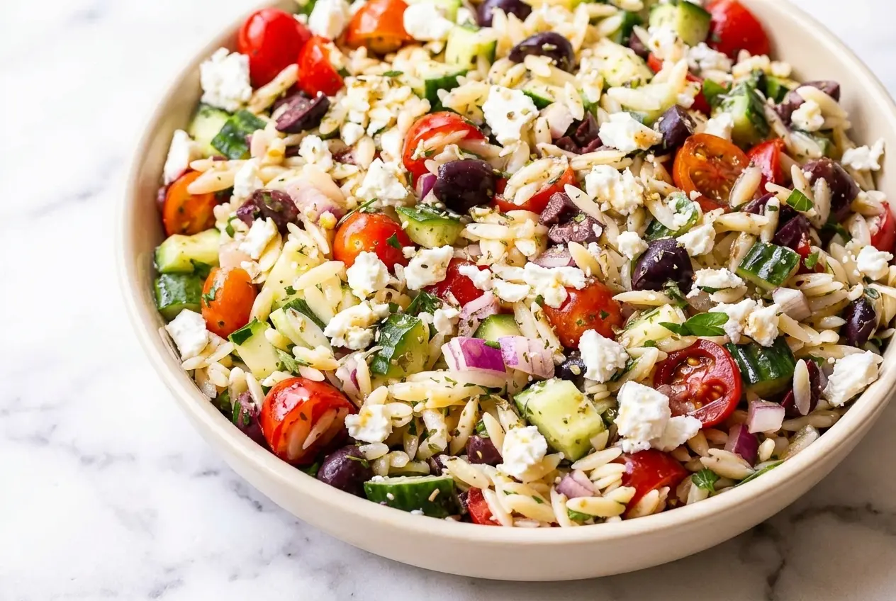 A bowl of greek orzo salad recipe tossed with cherry tomatoes, cucumbers, and a creamy whipped feta and olive brine emulsion.