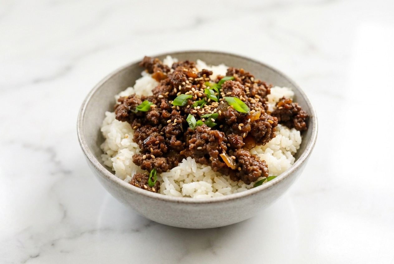 Ground Beef Bulgogi Bowls with a crispy hard sear and sweet Asian pear sauce served over fluffy rice.