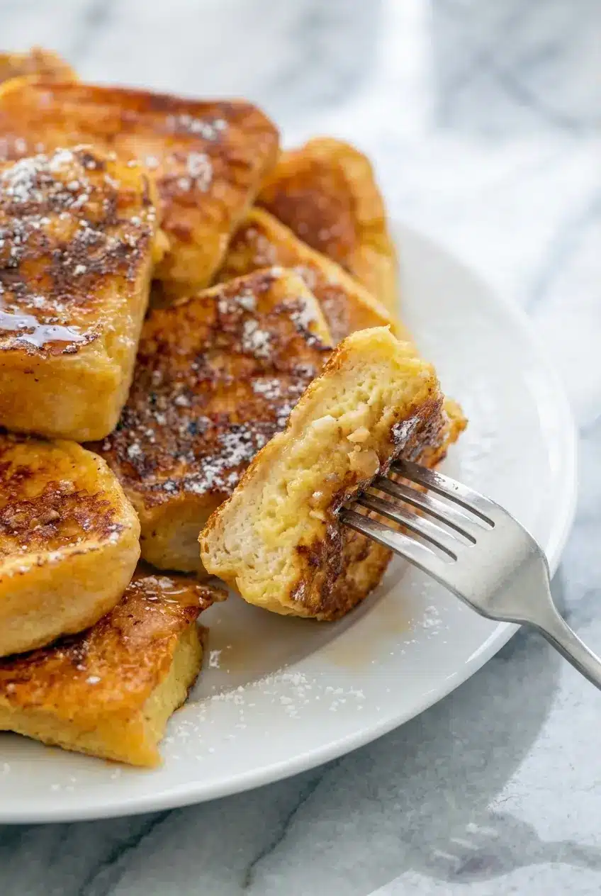 Close-up of hawaiian roll french toast showing the deep caramelization of the macadamia-coconut crust.