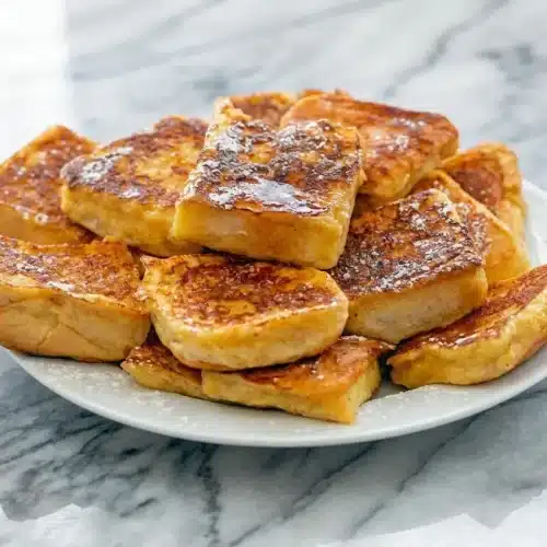 Stacked hawaiian roll french toast featuring a golden macadamia-coconut crunch crust and drizzled maple syrup.