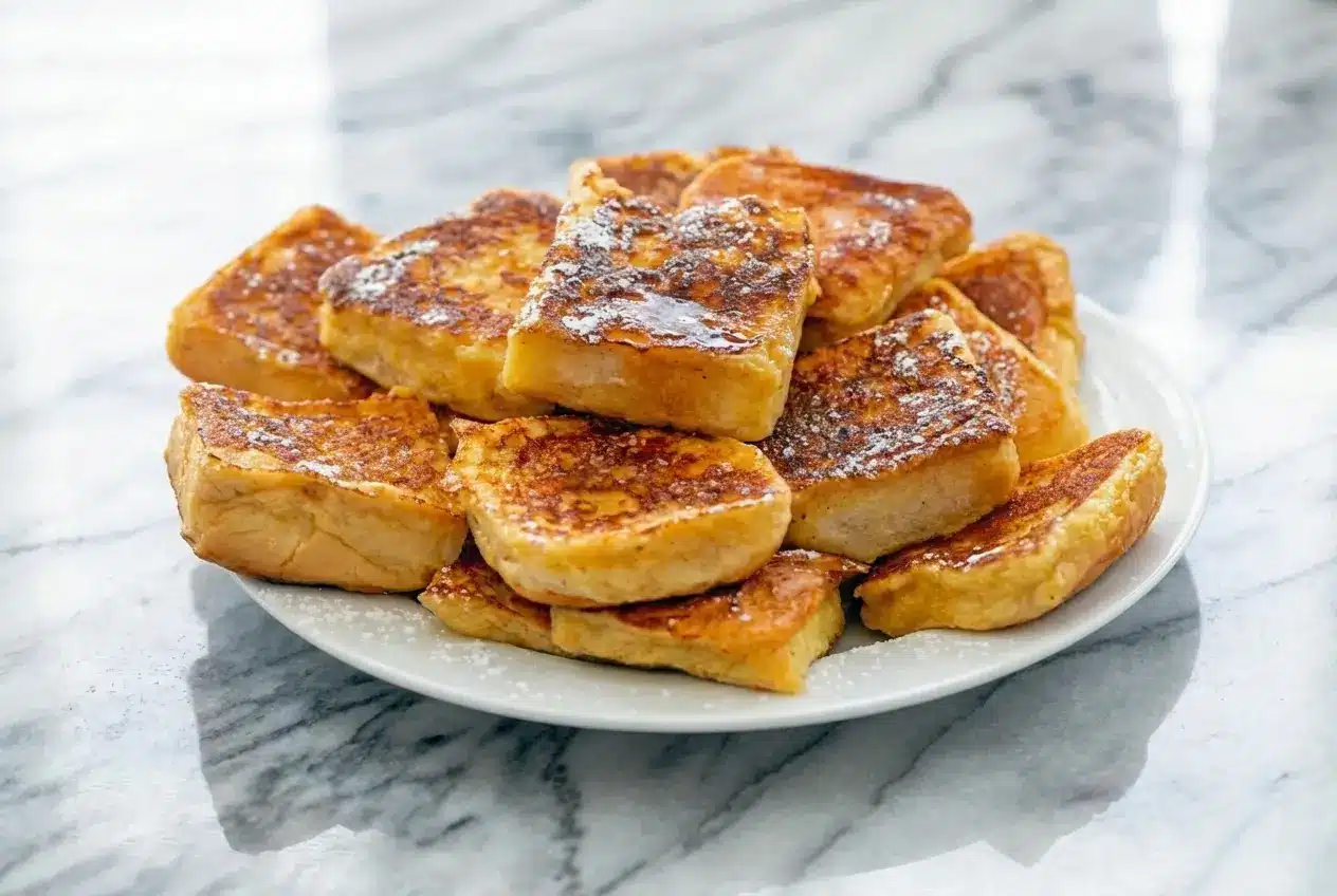Stacked hawaiian roll french toast featuring a golden macadamia-coconut crunch crust and drizzled maple syrup.