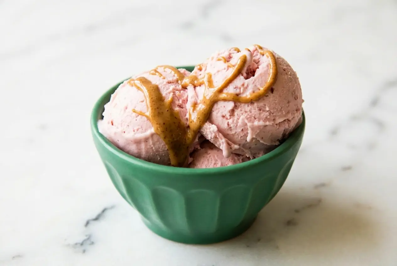 Scoop of High Protein Cottage Cheese Ice Cream in a bowl showing a creamy texture from cashew butter and xanthan gum.