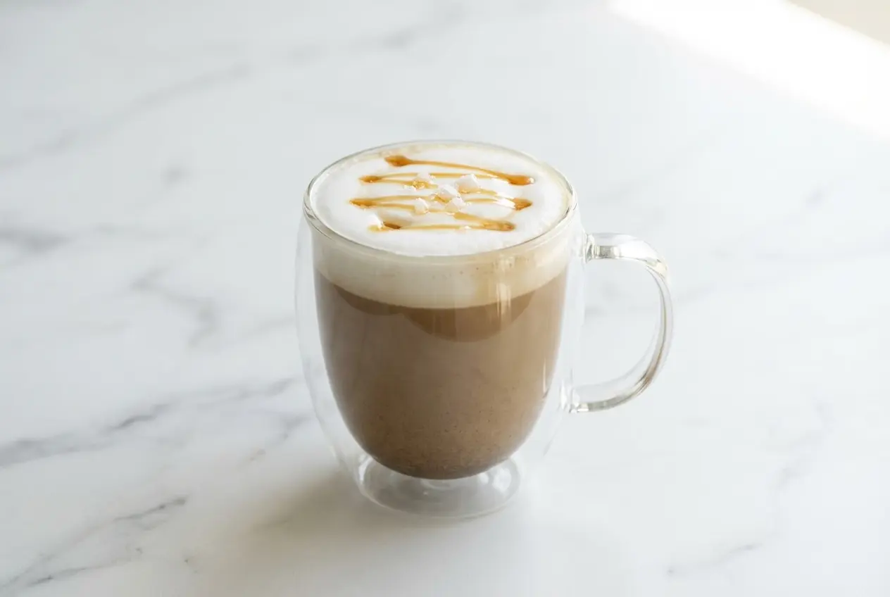 A warm hojicha latte recipe served in a ceramic mug, featuring the salted maple enhancement with a light, frothy top.