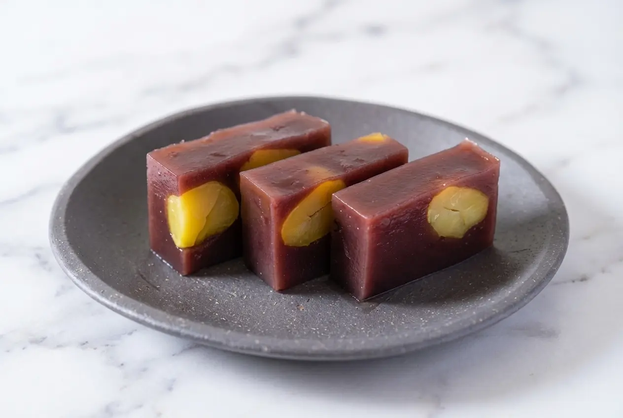 Chilled Hojicha-infused Mizu Yokan jelly recipe topped with flaky sea salt, served on a dark ceramic plate.