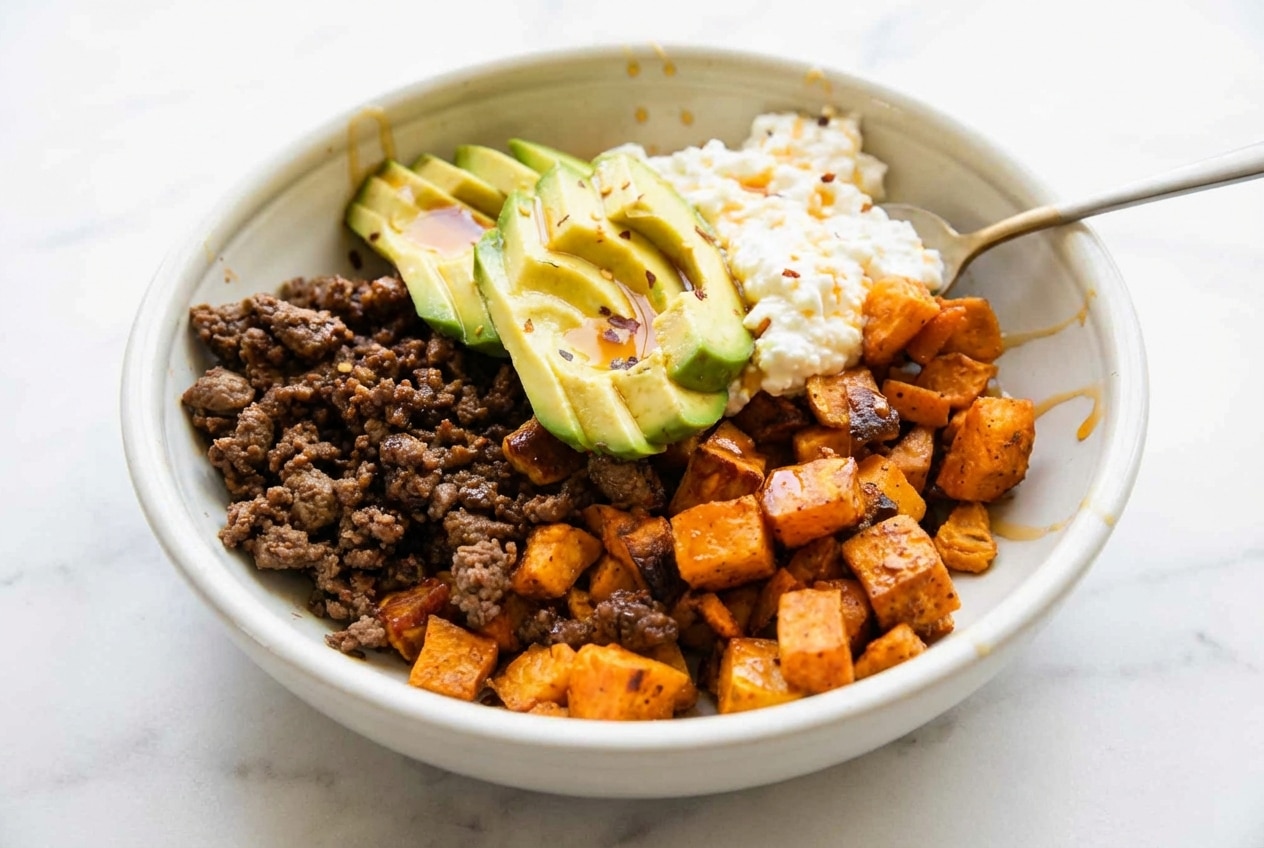 Hot Honey Ground Beef Bowls topped with chili-lime pepitas, creamy avocado, and roasted sweet potatoes.