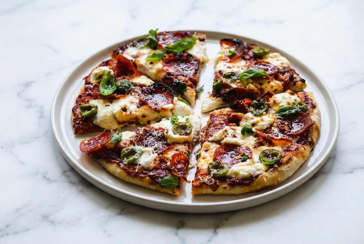 Sliced hot honey pizza recipe topped with pepperoni, fresh mozzarella, and a glossy brown butter Calabrian chili emulsion.