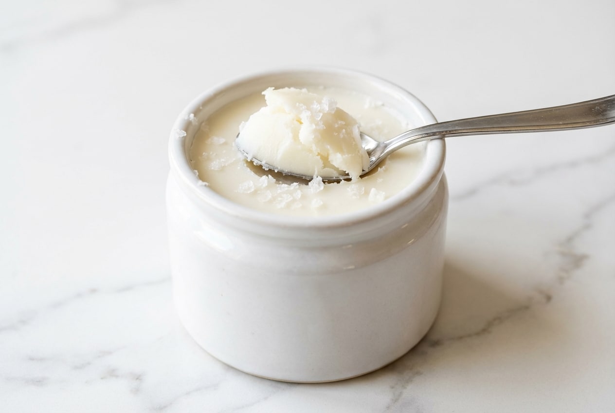 Pure white rendered fat in mason jars showing how to make beef tallow using the osmotic purge and double render method.