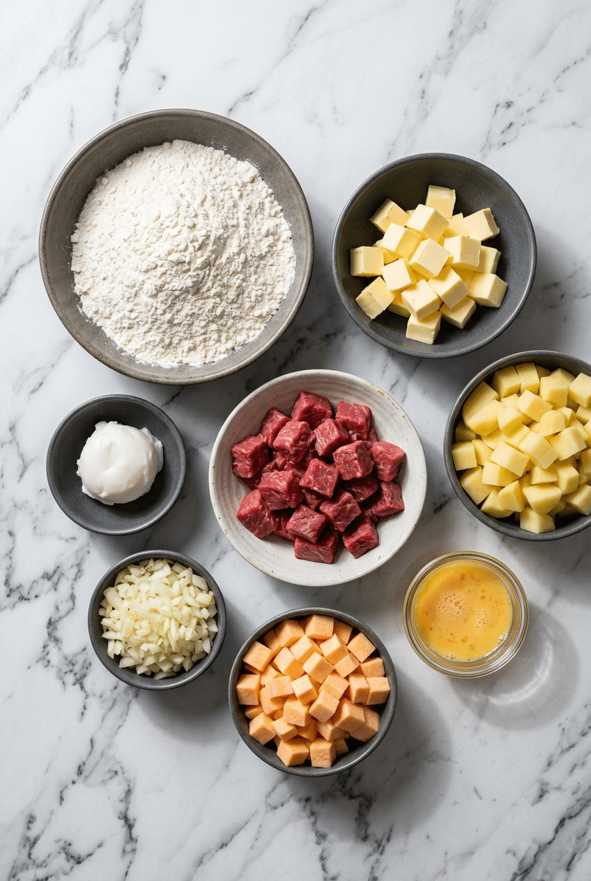 Raw ingredients for Cornish Pasty laid out, including diced beef skirt steak, rutabaga, waxy potatoes, onion, and beef bouillon powder.