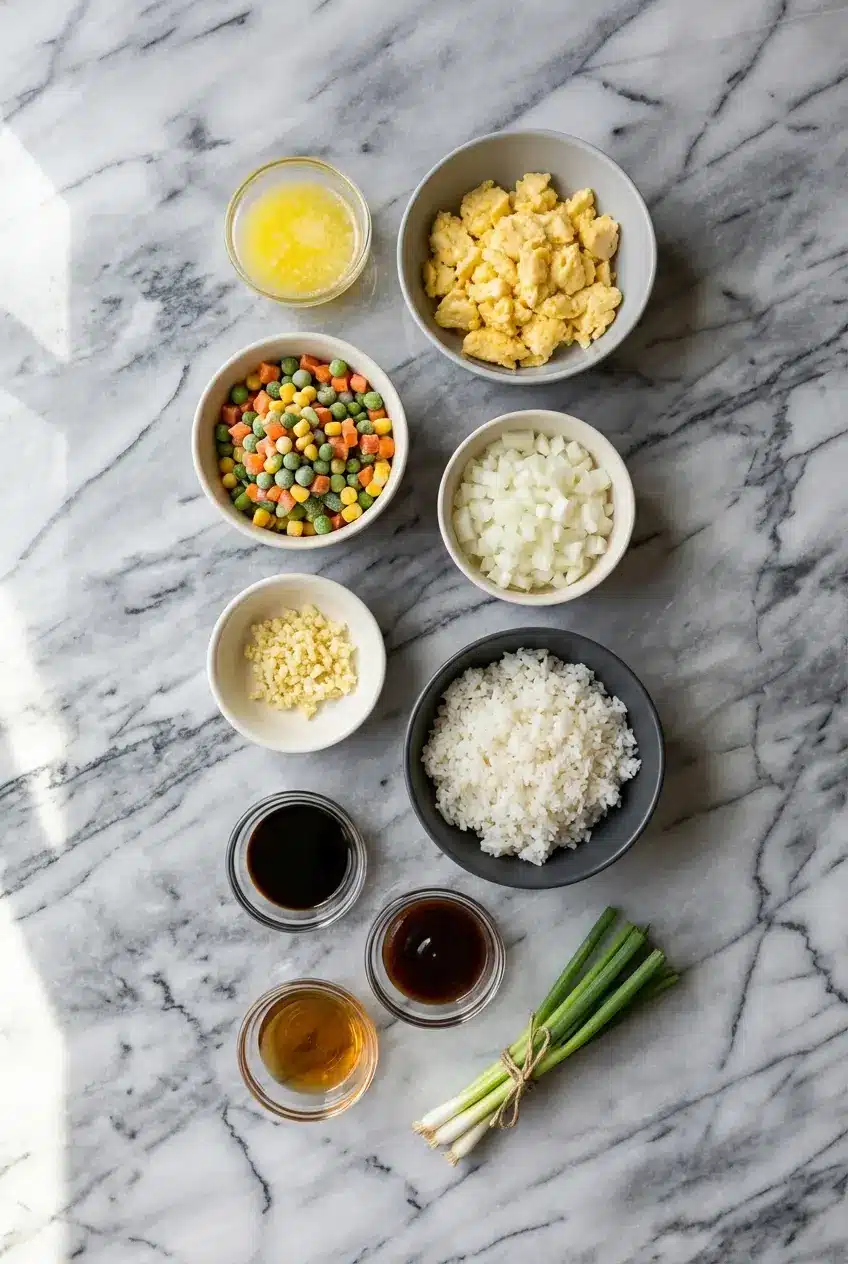Flat lay of ingredients for air fryer fried rice recipe including jasmine rice, sesame oil, and cashews.