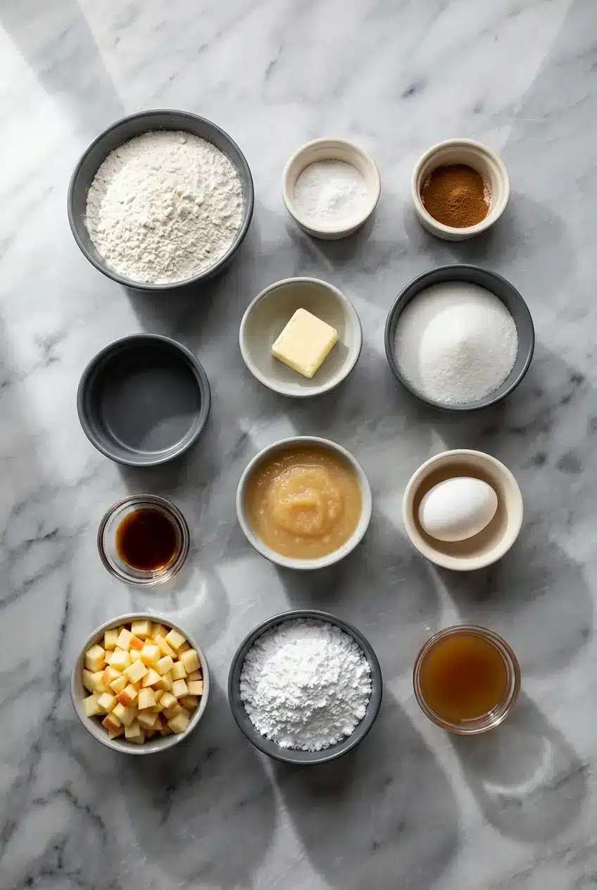 A flat lay of Honeycrisp apples, cinnamon, and pantry staples for Apple Fritter Bites.