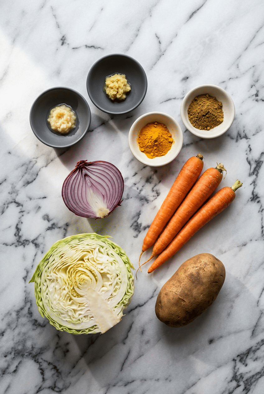 Fresh root vegetables, turmeric, and cumin laid out for an atakilt wat recipe before faux niter kibbeh blooming.