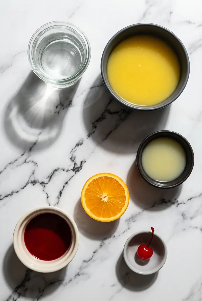 Flat lay of ingredients for an Azalea Cocktail Recipe, including vodka, pineapple juice, lemon juice, and custom grenadine.