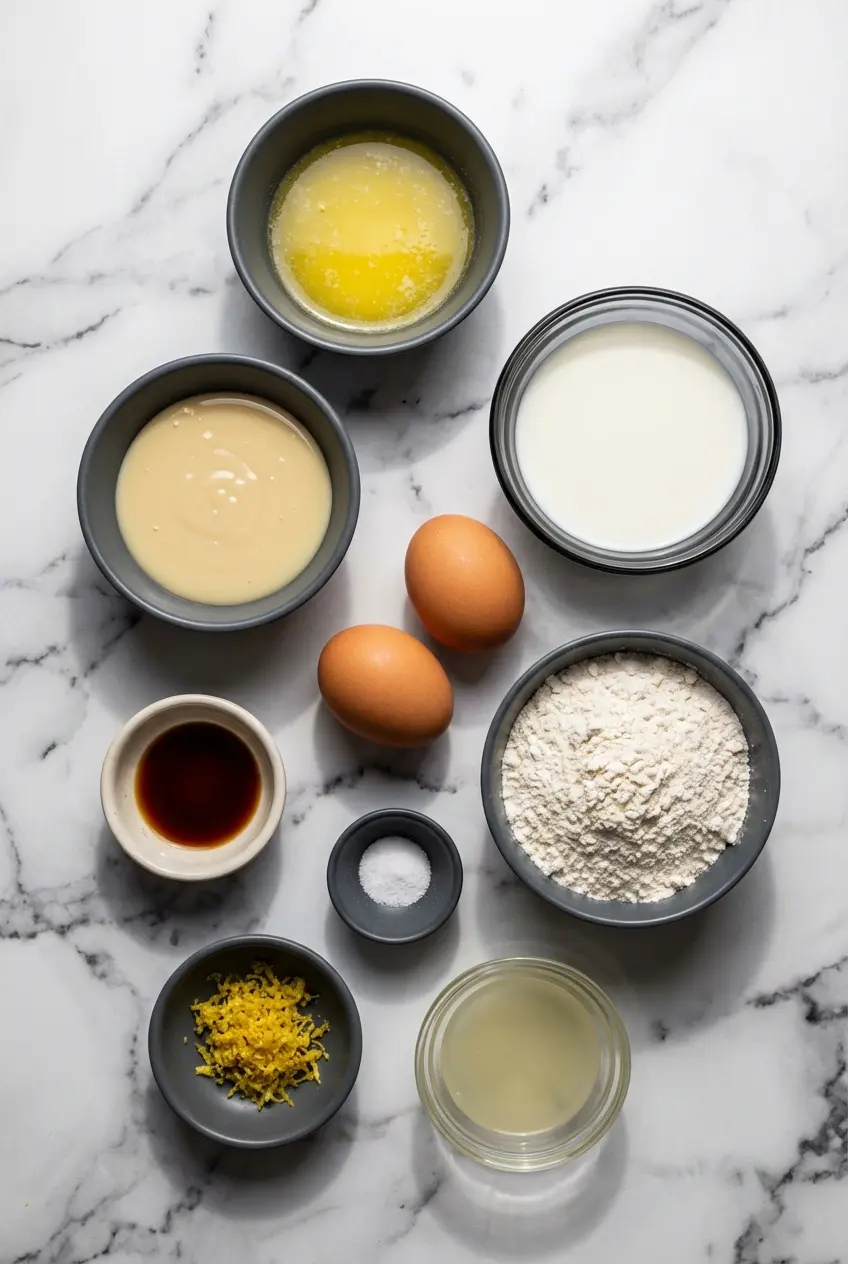 Raw ingredients for Baby Lemon Impossible Pies Recipe including all-purpose flour, sweetened condensed milk, and fresh lemons.