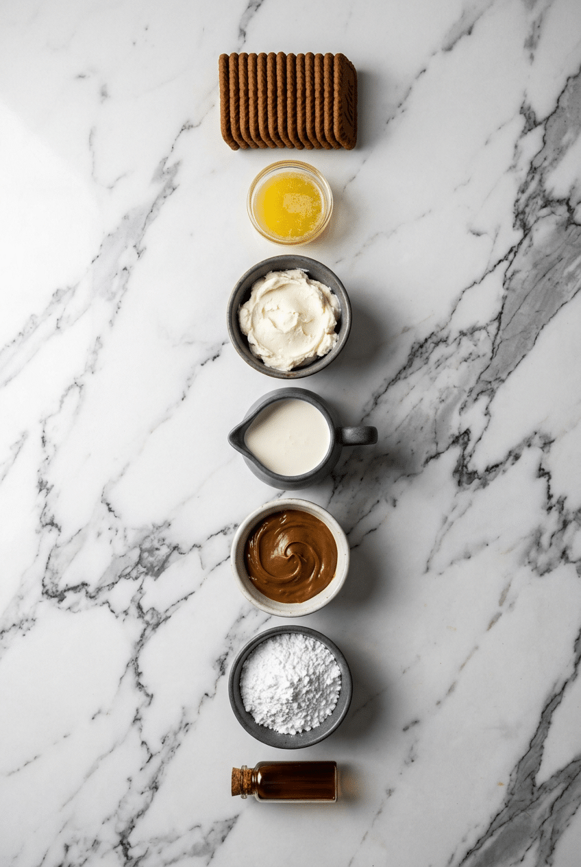 Flat lay of ingredients for biscoff cheesecake recipe including Lotus Biscoff cookies, cream cheese, and icing sugar.