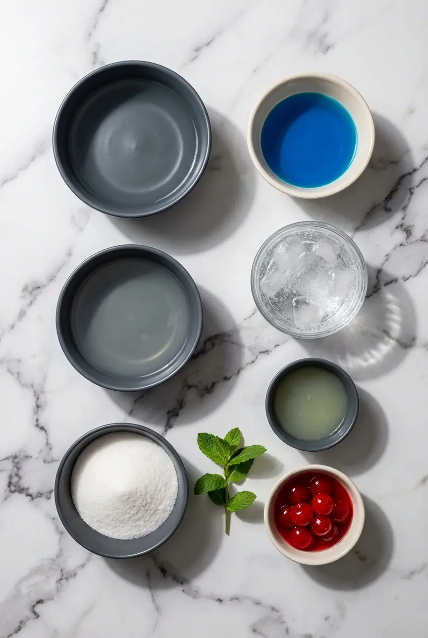 Overhead flat lay of Blue Glacier Cocktail ingredients including vodka, Blue Curaçao, white cranberry juice, and luster dust.