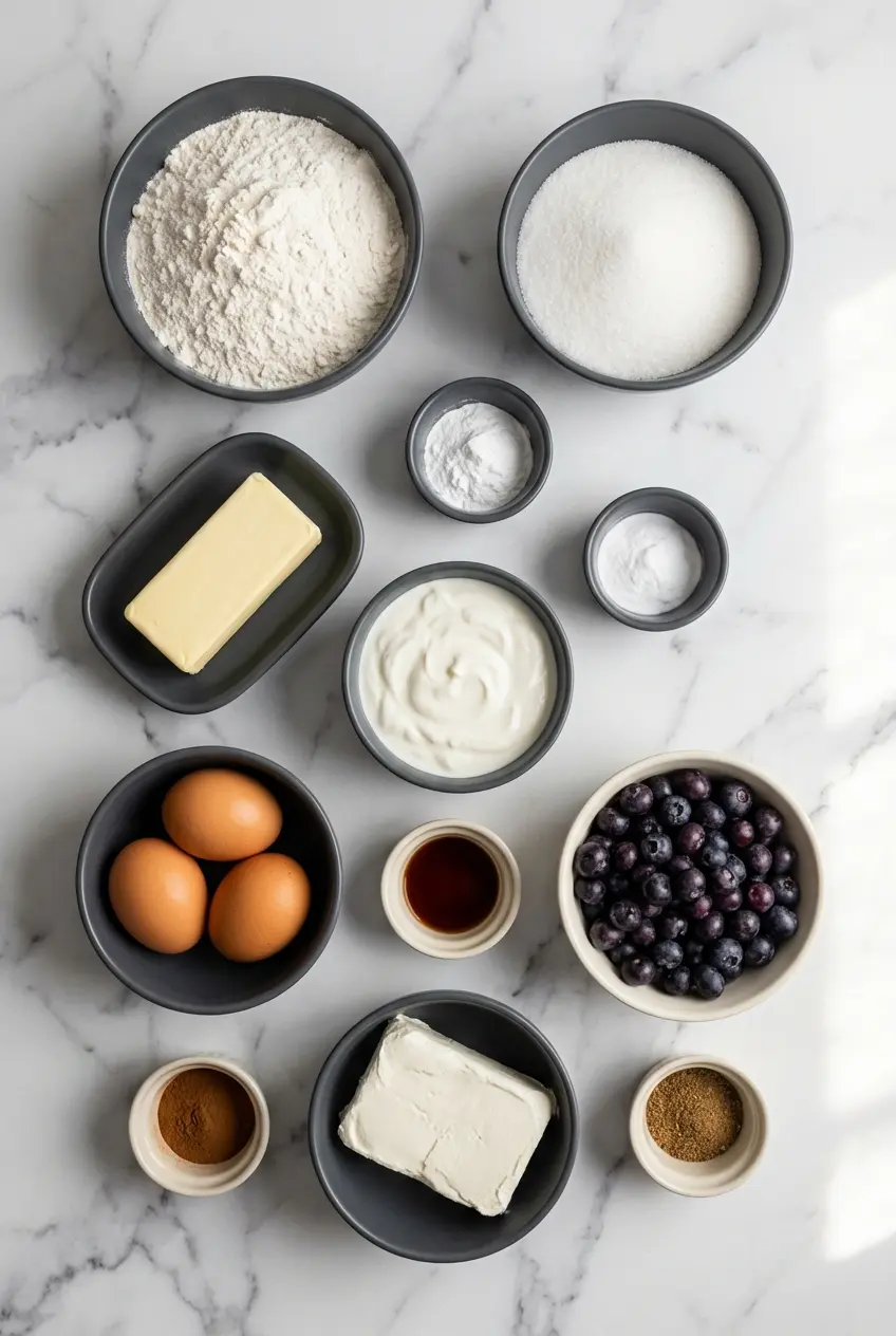 Fresh blueberries, sour cream, and room temperature ingredients laid out to bake a Blueberry Cream Cheese Coffee Cake.