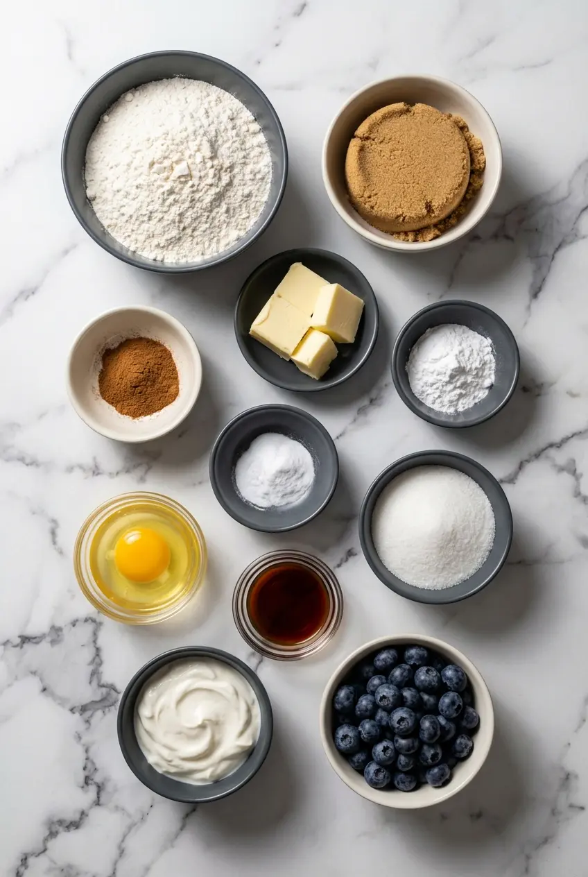 Raw ingredients for blueberry sour cream coffee cake including fresh blueberries, full-fat sour cream, and light brown sugar.
