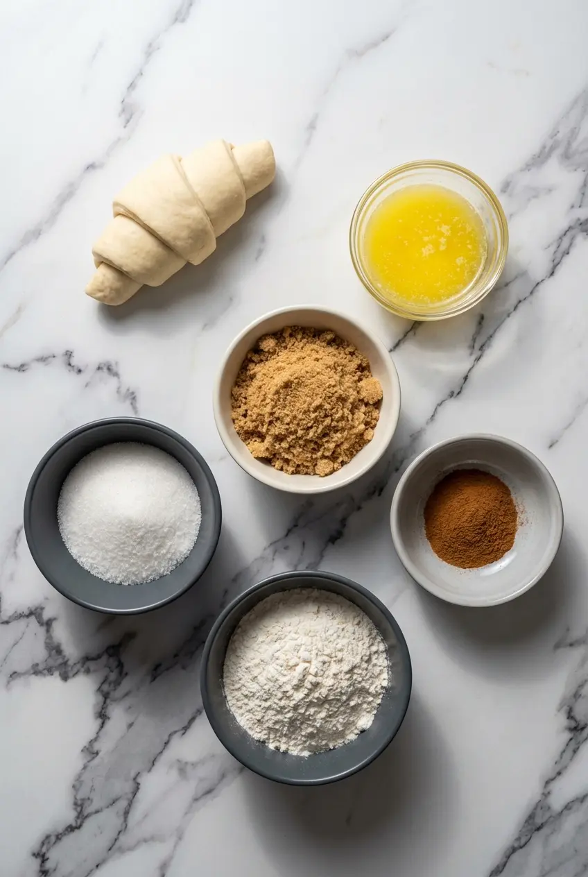 Ingredients for Cinnamon Sugar Cruffins including crescent roll dough, butter, cardamom, and a cinnamon sugar coating.