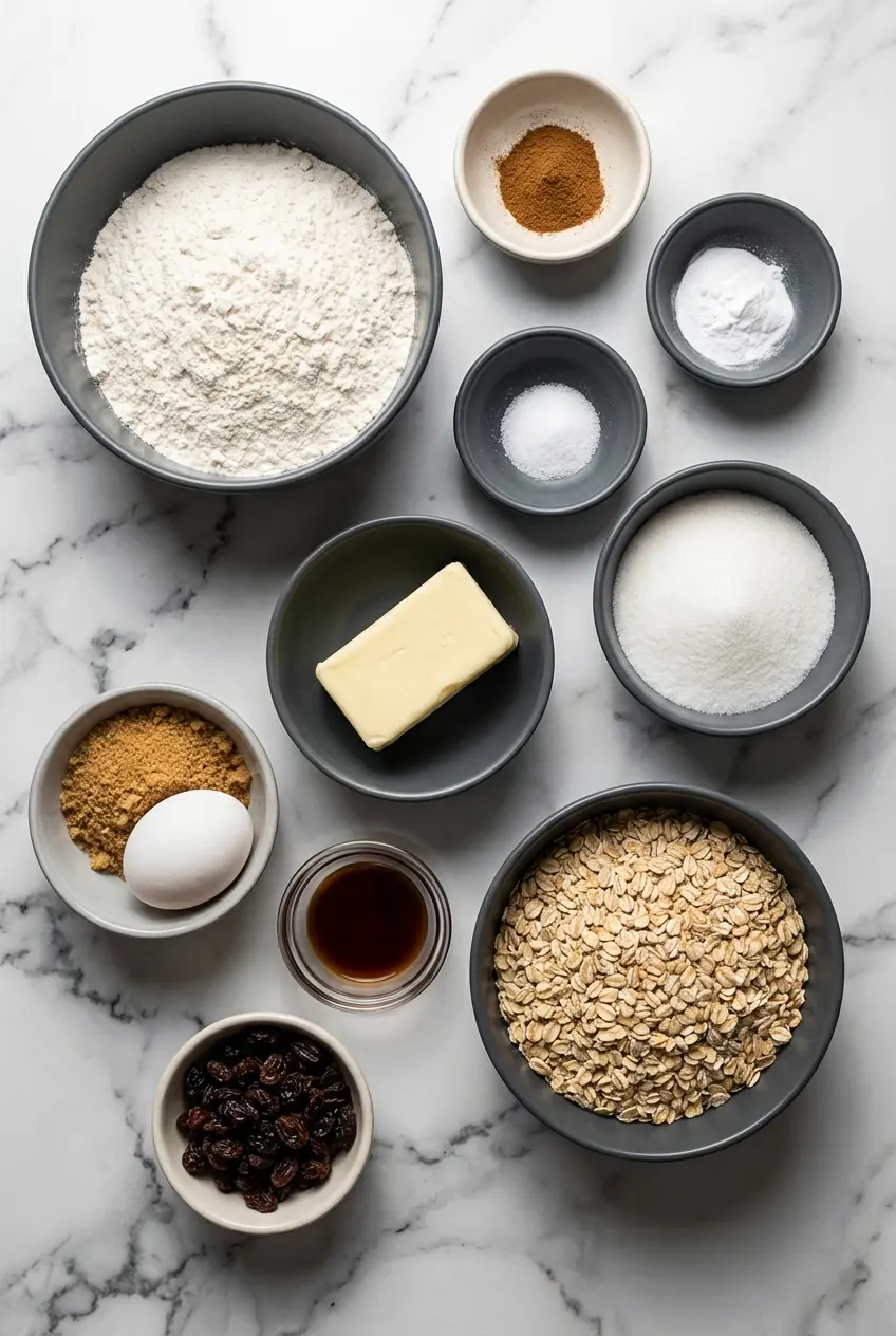 Overhead view of rolled oats, light brown sugar, and room temperature butter to make an easy Oatmeal Cookies Recipe.