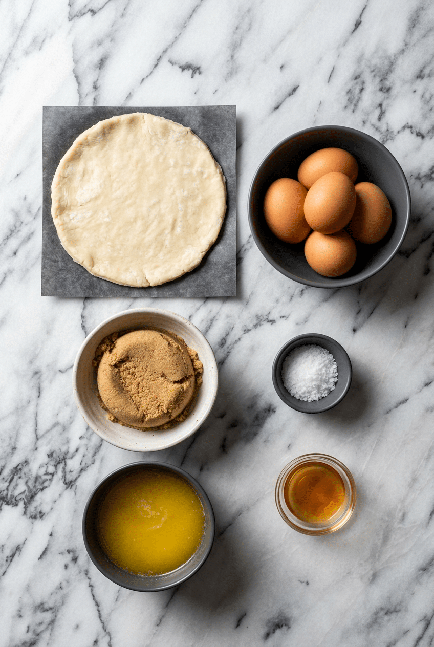 Overhead view of ingredients for a vinegar pie recipe, featuring apple cider vinegar, butter, and vanilla bean paste.