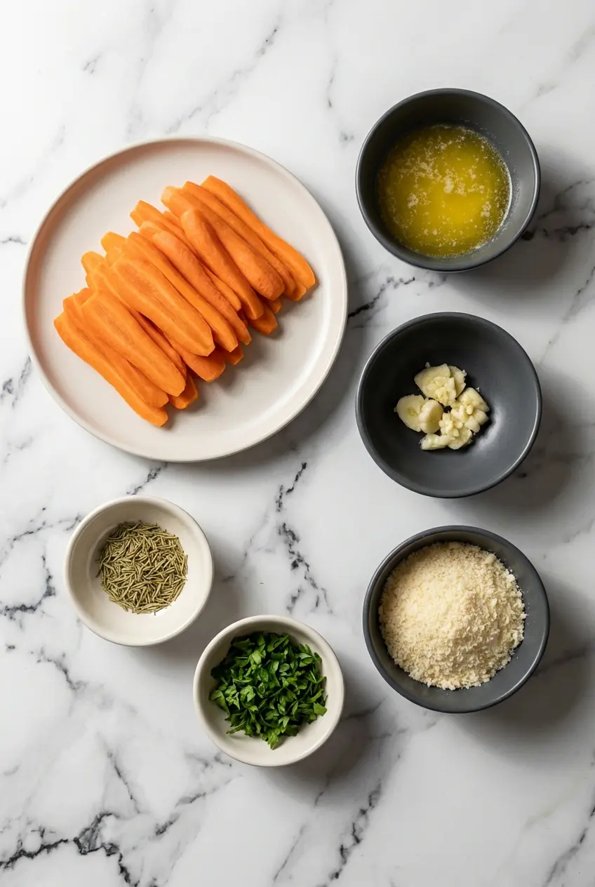 Raw whole carrots, garlic cloves, wedges of Parmigiano-Reggiano, and butter laid out for Parmesan Garlic Roasted Carrots.