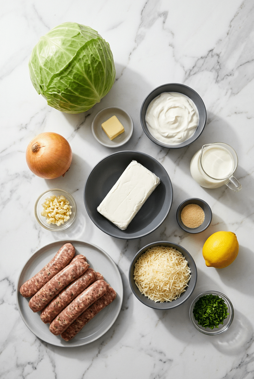 Raw ingredients for Cabbage Alfredo featuring cruciferous vegetables, heavy cream, and Parmigiano-Reggiano.