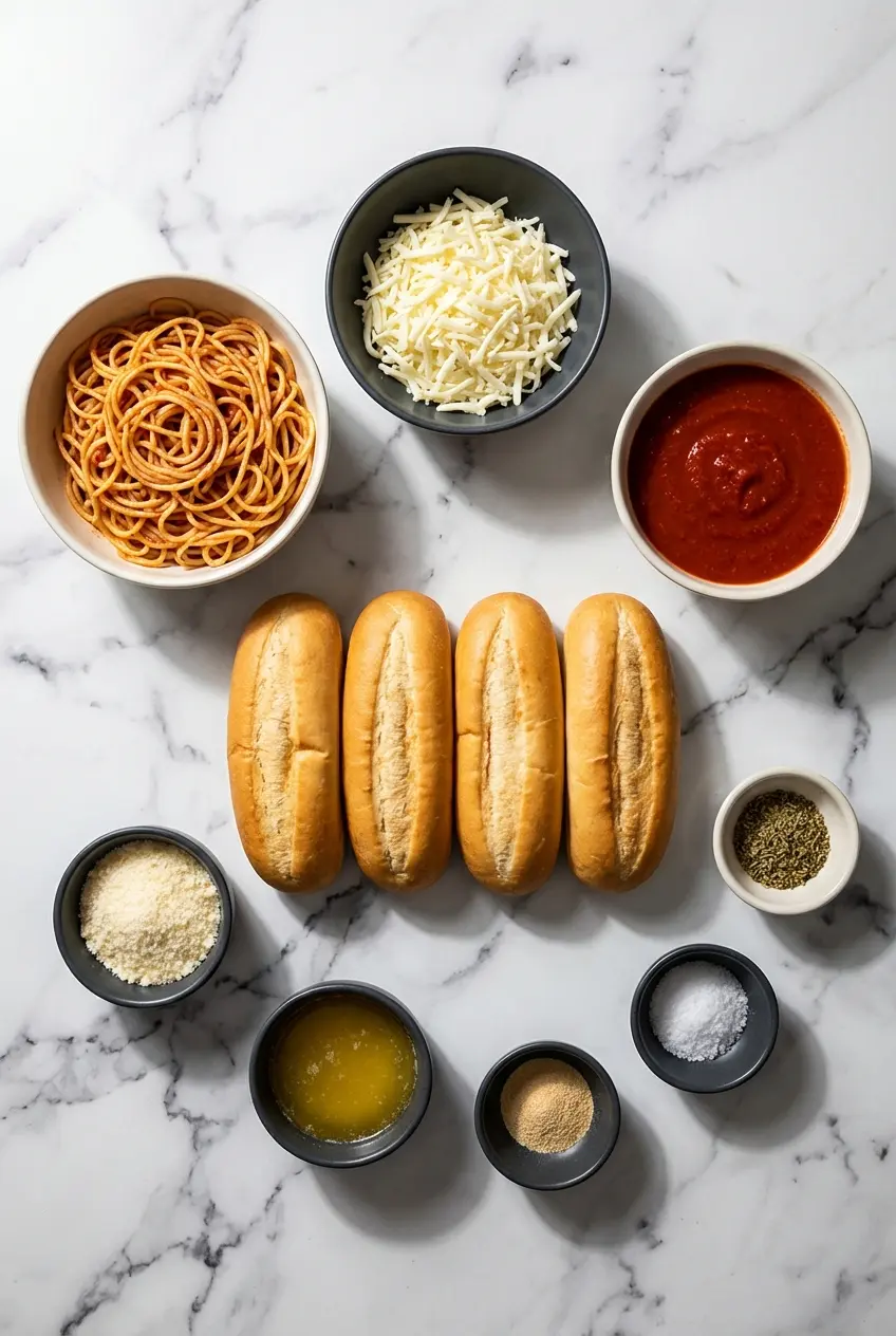 Top-down view of ingredients for spaghetti boats, including hoagie rolls, leftover spaghetti, marinara sauce, and provolone.