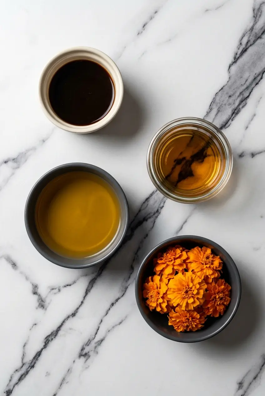 Overhead view of ingredients for a carajillo with tequila, including espresso, Licor 43, reposado tequila, and molé bitters.