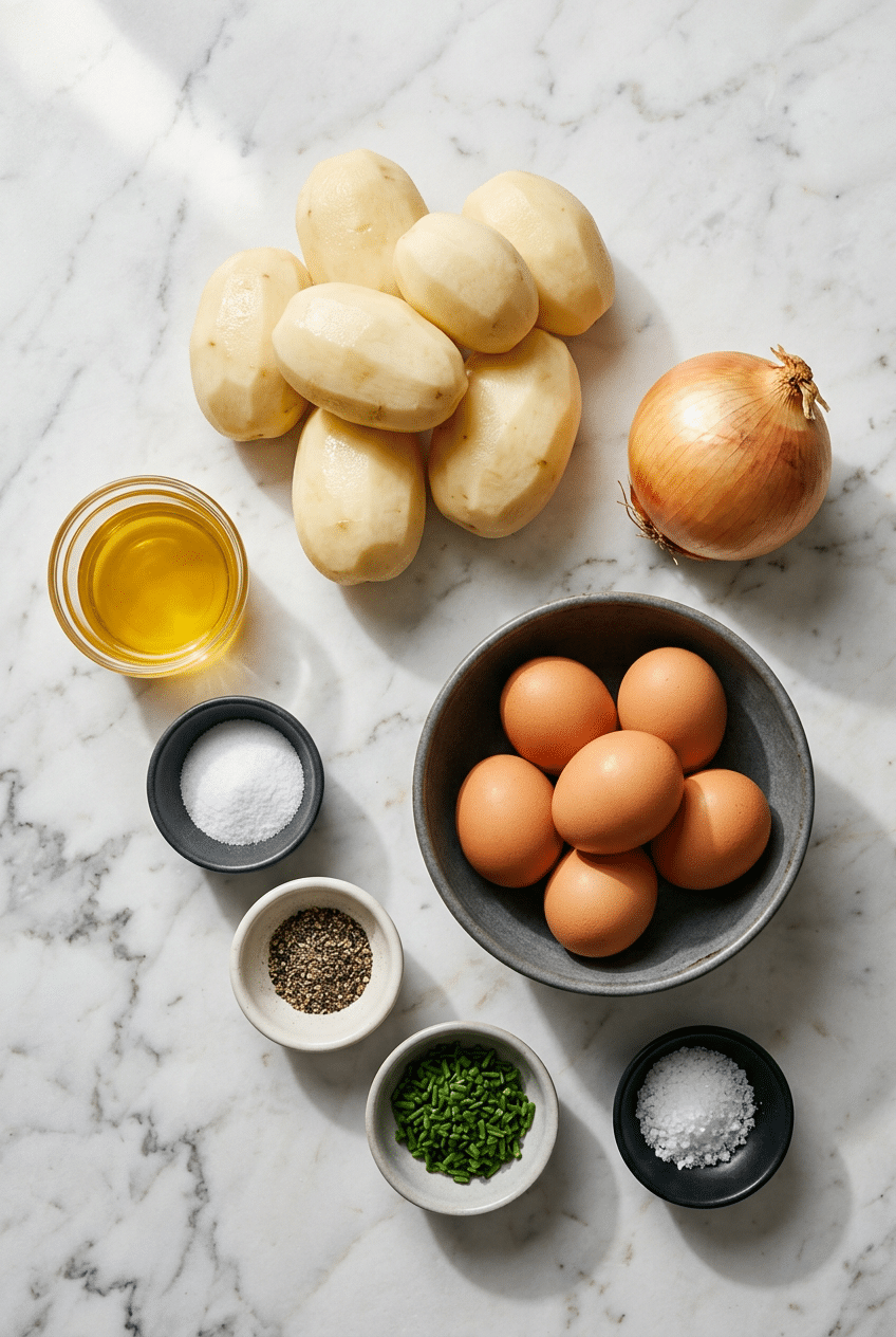 Raw ingredients for a potato kugel recipe including Russet potatoes, schmaltz, and matzo meal arranged on a counter.