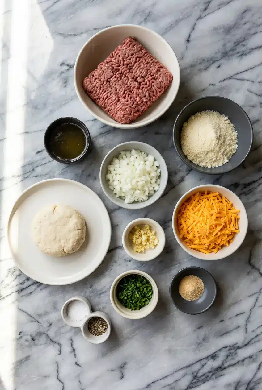 Raw ground beef, biscuit dough, cheddar cheese, and dill pickles for making Garlic Parmesan Cheeseburger Bombs.