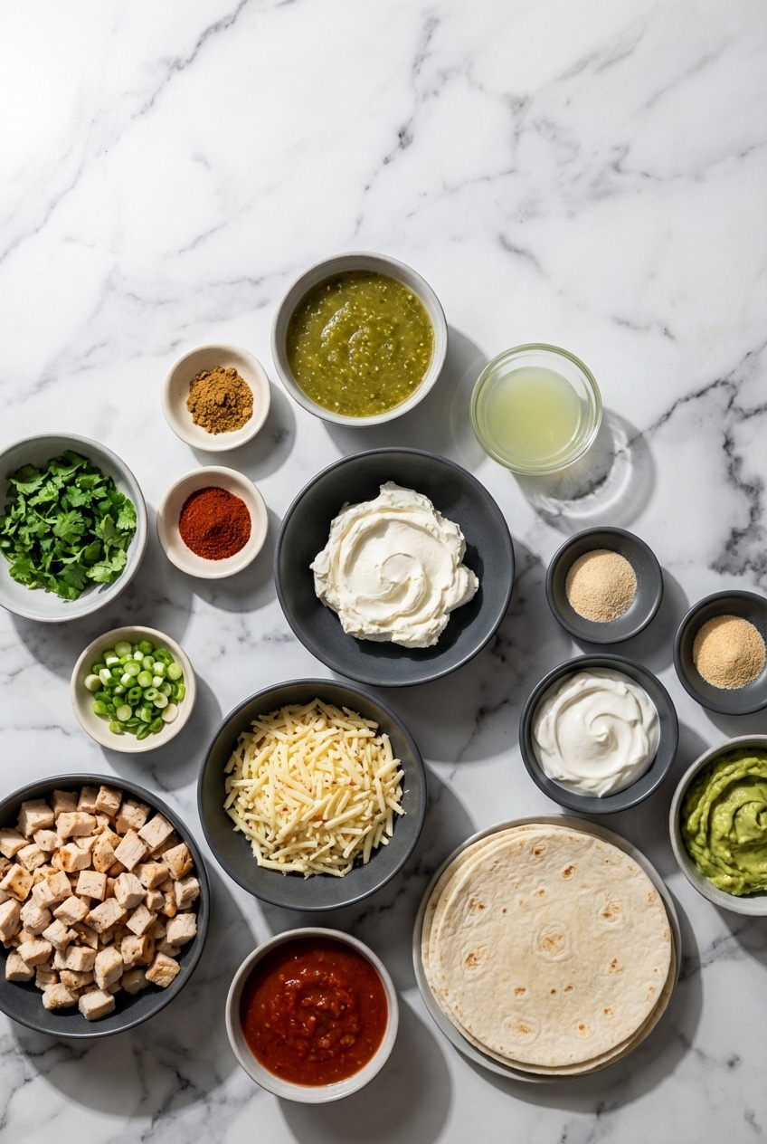 Ingredients for baked creamy chicken taquitos laid out, including rotisserie chicken, cream cheese, pepper jack cheese, and flour tortillas.