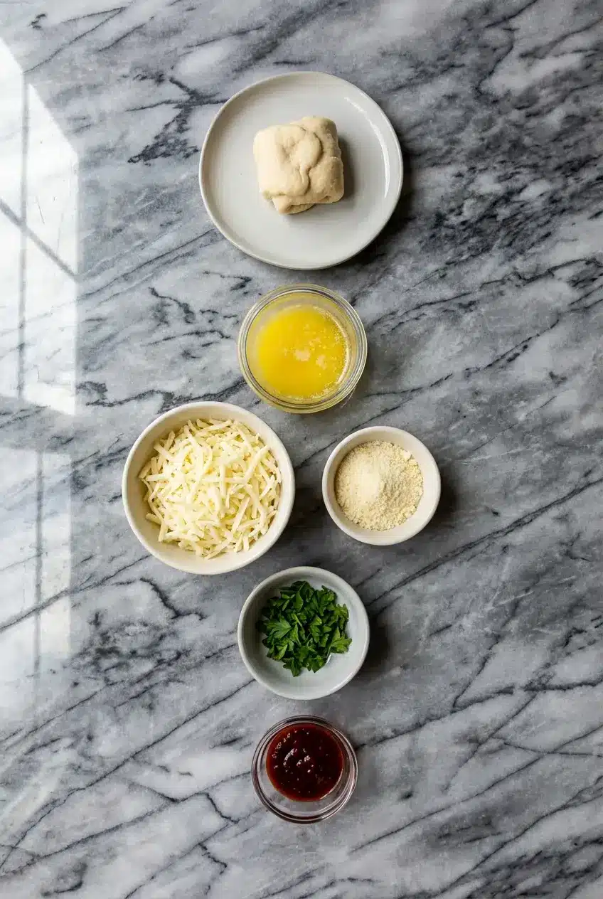 Flat lay of crescent roll dough, mozzarella cheese, parmesan, and ingredients for garlic butter.