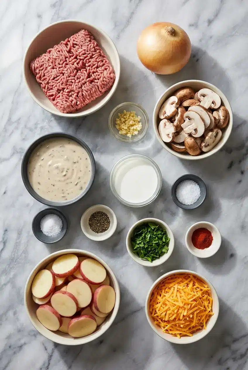 Flat lay of ingredients for cheesy hamburger potato casserole including ground beef, russet potatoes, and cheddar cheese.