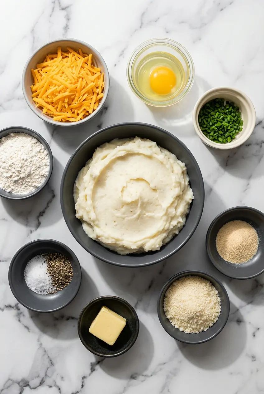 Raw ingredients for Cheesy Mashed Potato Puffs including leftover mashed potatoes, cheddar, gruyere, chives, and flour.