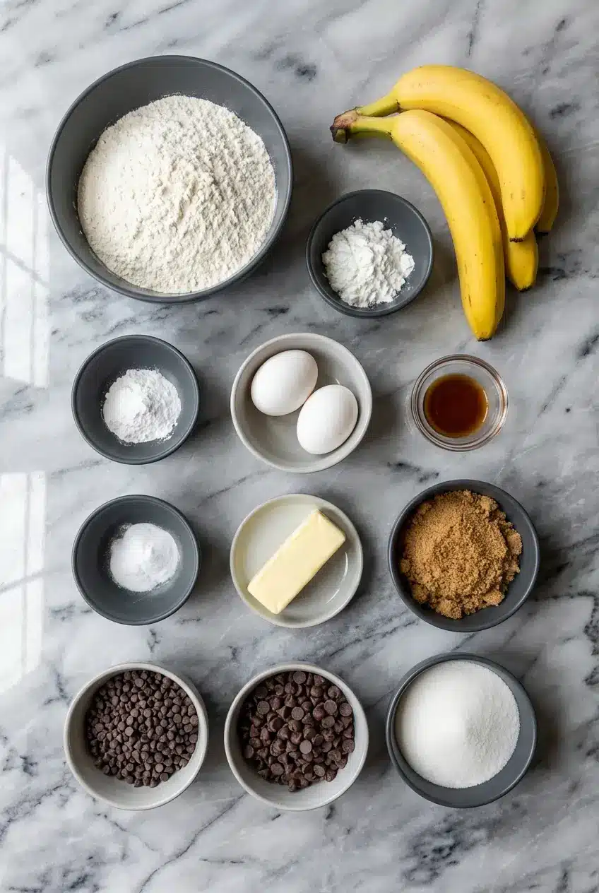 Ingredients for chocolate chip banana bread including ripe bananas for potassium and golden brown butter.