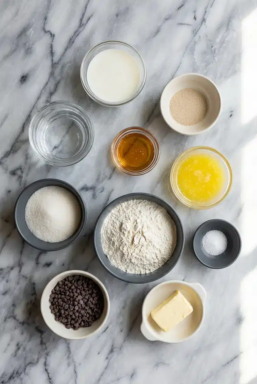 Flat lay of pastry flour, active dry yeast, and mini chocolate chips for Chocolate Chip Cruffins.