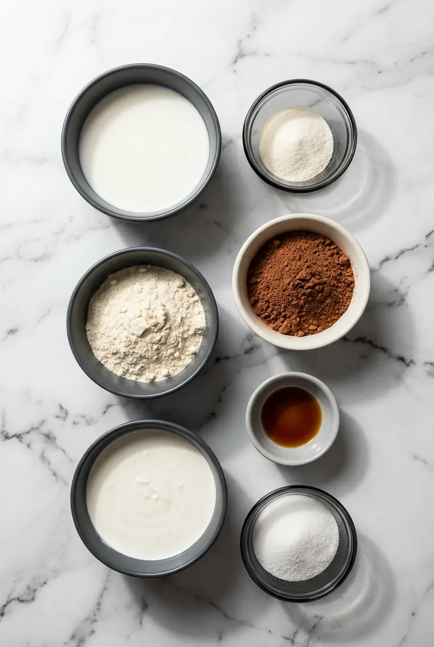 Ingredients for a high protein gelatin dessert, including unflavored gelatin, whey protein isolate, and rich cocoa powder.