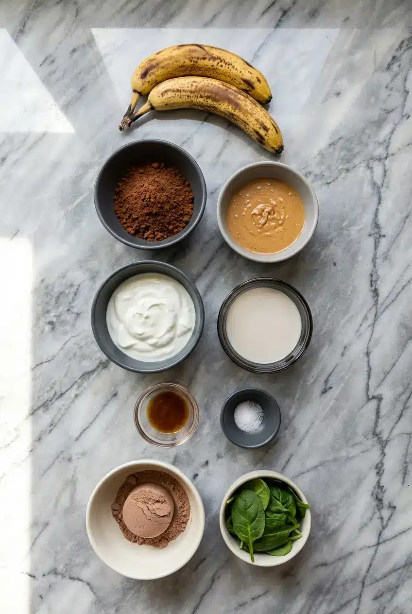 Ingredients for a chocolate peanut butter banana smoothie including frozen bananas, natural peanut butter, and cacao powder.