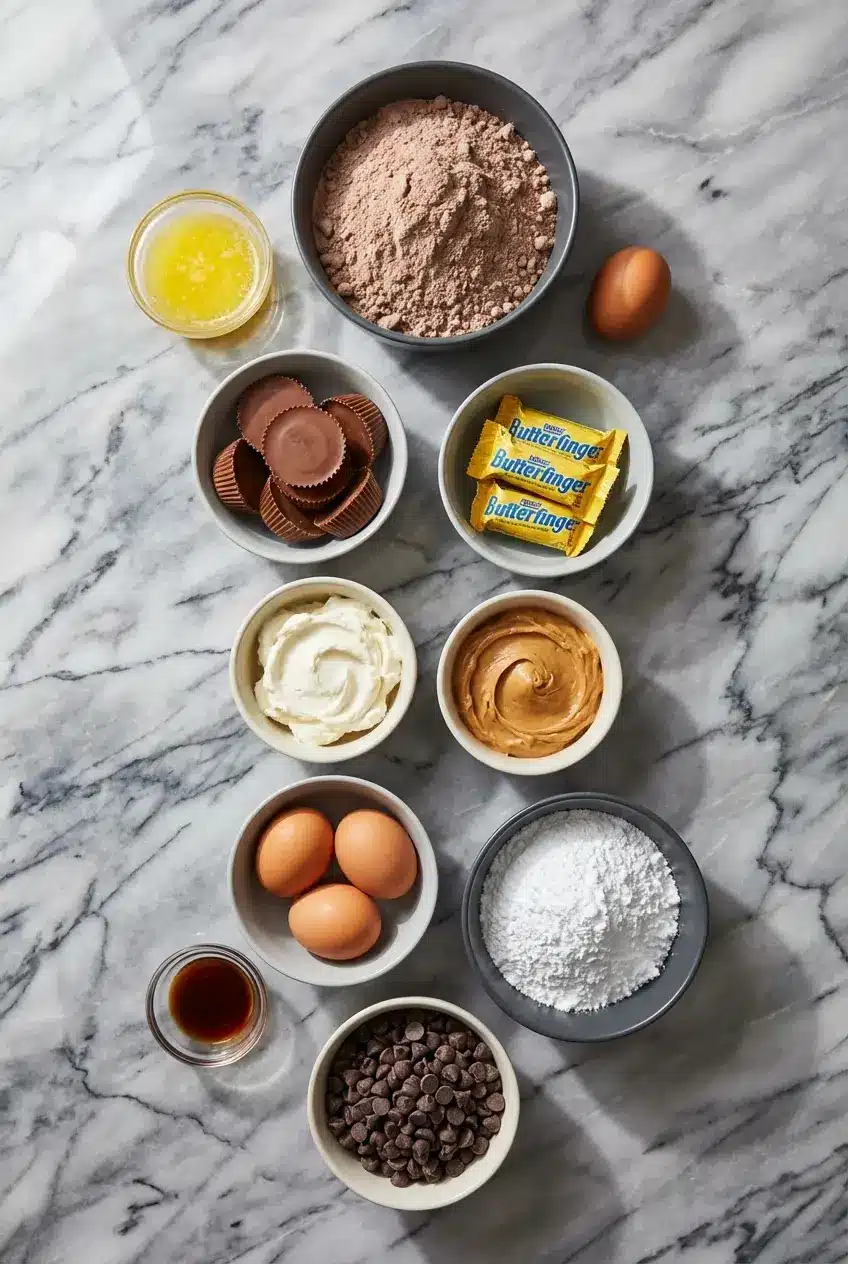 Raw ingredients for Chocolate Peanut Butter Ooey Gooey Butter Cake including devil's food cake mix, cream cheese, and peanut butter cups.