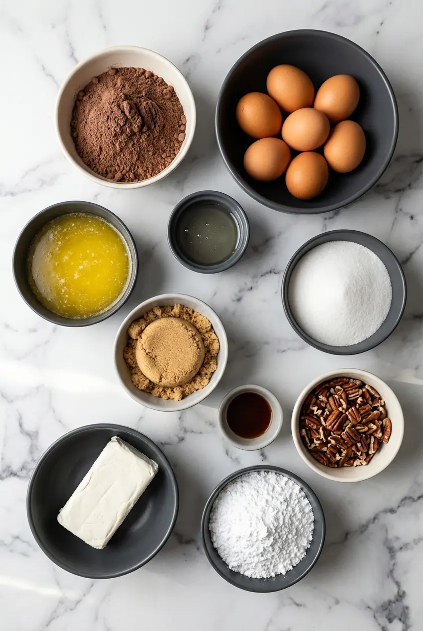 Ingredients for Chocolate Pecan Ooey Gooey Butter Cake with dark chocolate cake mix, cream cheese, and pecans.