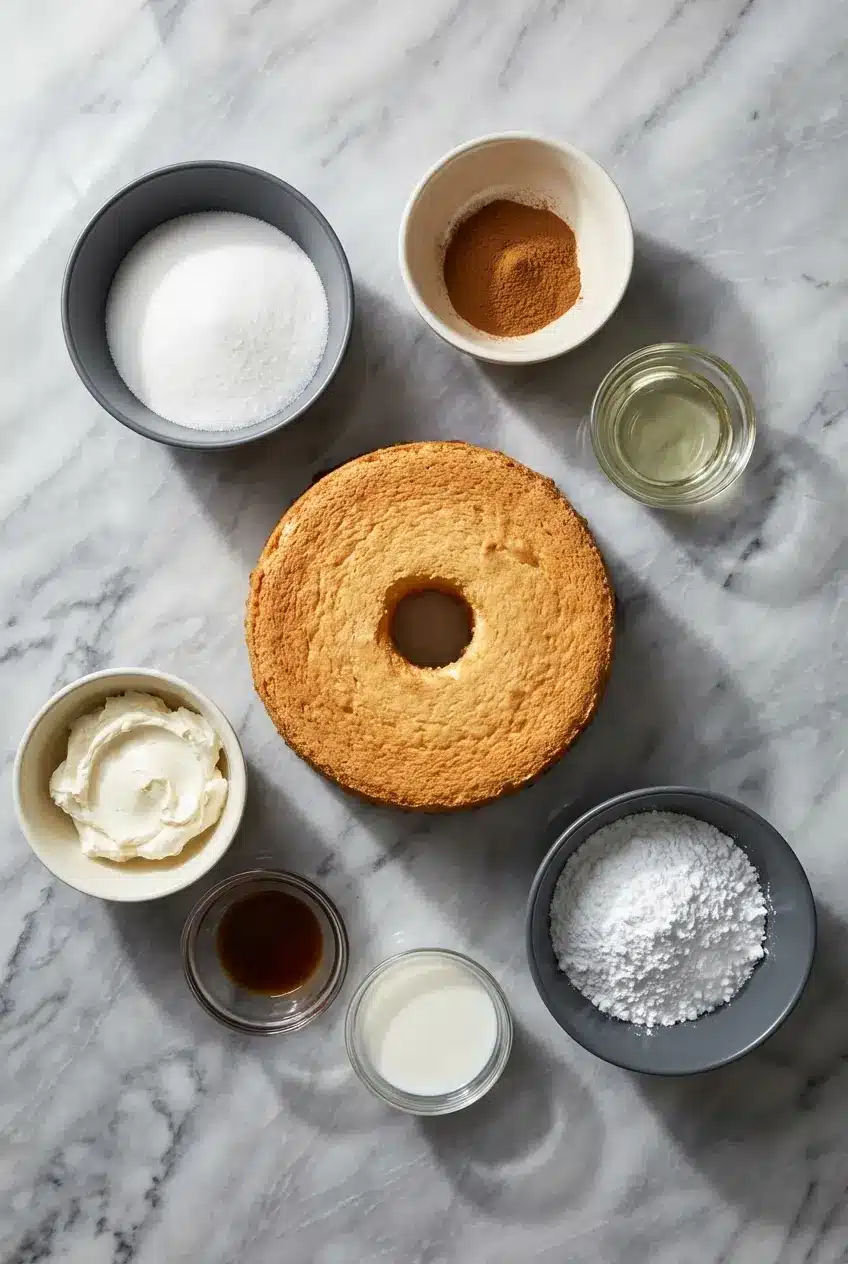 Ingredients for Angel Food Cake Churro Bites Recipe featuring cinnamon sugar, vegetable oil, and angel food cake.