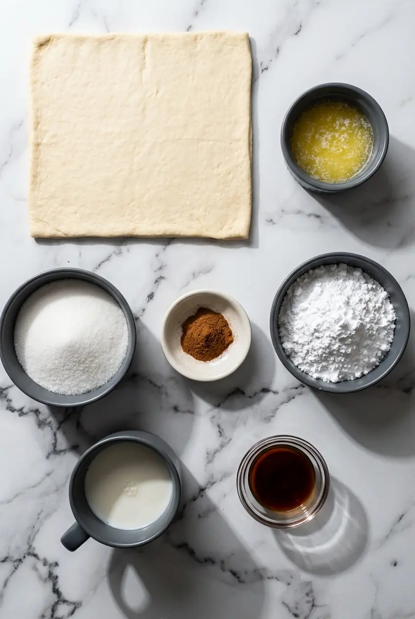 Raw ingredients for Cinnamon Sugar Pizza made with Crescent Rolls including crescent roll dough, butter, and powdered sugar.