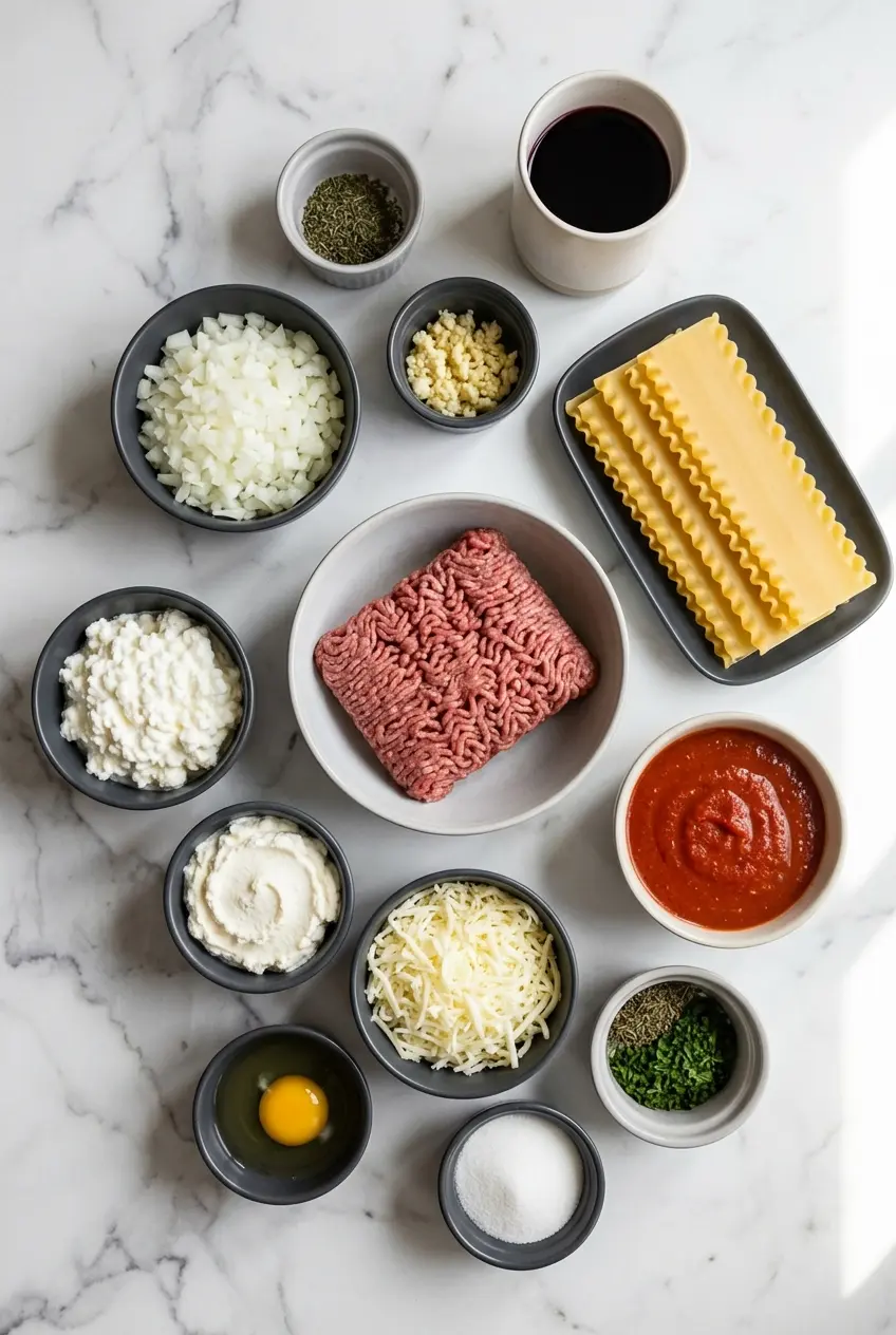 Flat lay of ingredients for Classic Beef Lasagna including ground beef, Italian sausage, ricotta cheese, and marinara sauce.