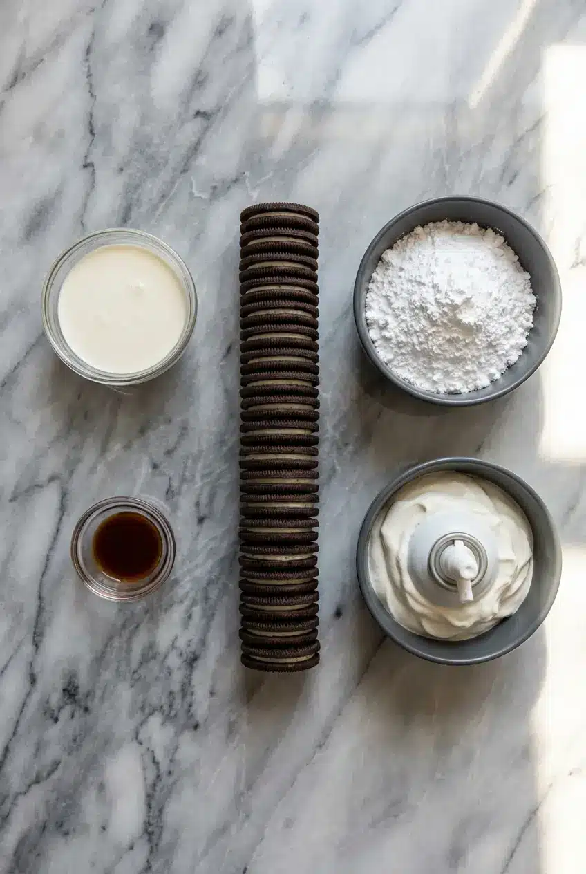 Ingredients for Cookies and Cream Mousse Cups featuring heavy whipping cream, Oreo cookies, and vanilla extract.